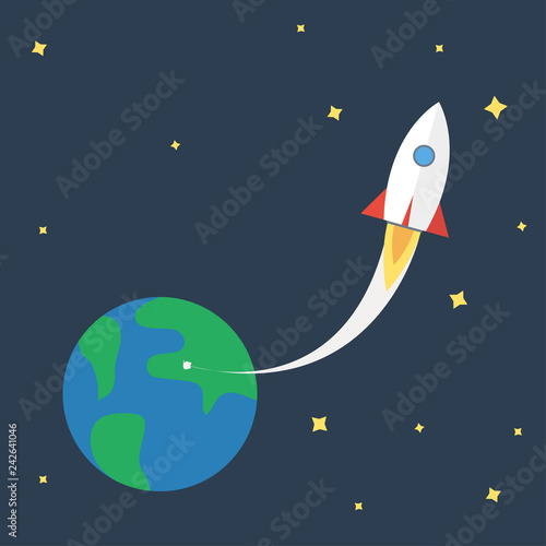 Vector illustration of a Rocket flying from planet earth into space