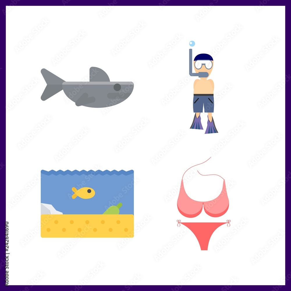 4 swimming icon. Vector illustration swimming set. pink bikini and sea life icons for swimming works