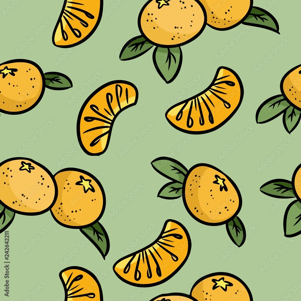 Fototapeta premium Mandarin colorful doodles seamless pattern. Orange tangerines