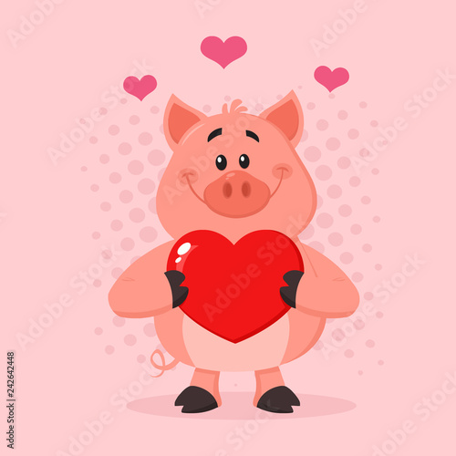 Pig Cartoon Character Holding A Be Mine Valentine Love Heart. Vector Illustration Flat Design With Pink Background