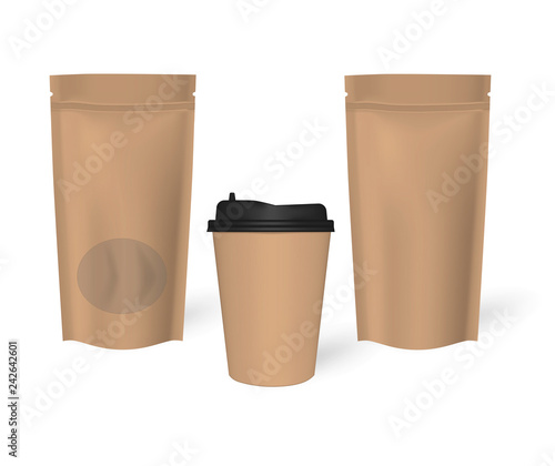 Disposable coffee cup with stand up zip lock food pouches, mock-up