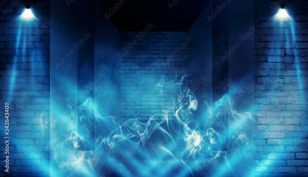 Background of empty dark room with brick walls, illuminated by neon lights with laser beams, smoke Background of empty dark room with brick walls, illuminated by neon lights with laser beams, smoke