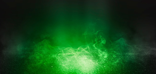 Background of empty scene with concrete floor, neon lights and smoke. Background trend color ufo green