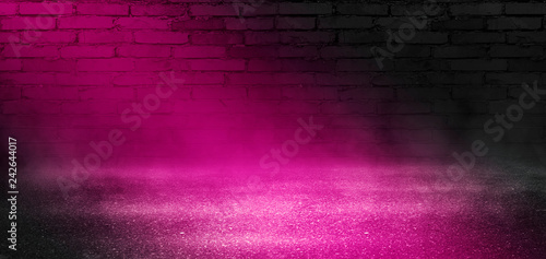 Background of empty scene with concrete floor  neon lights and smoke. Background trend color plastic pink
