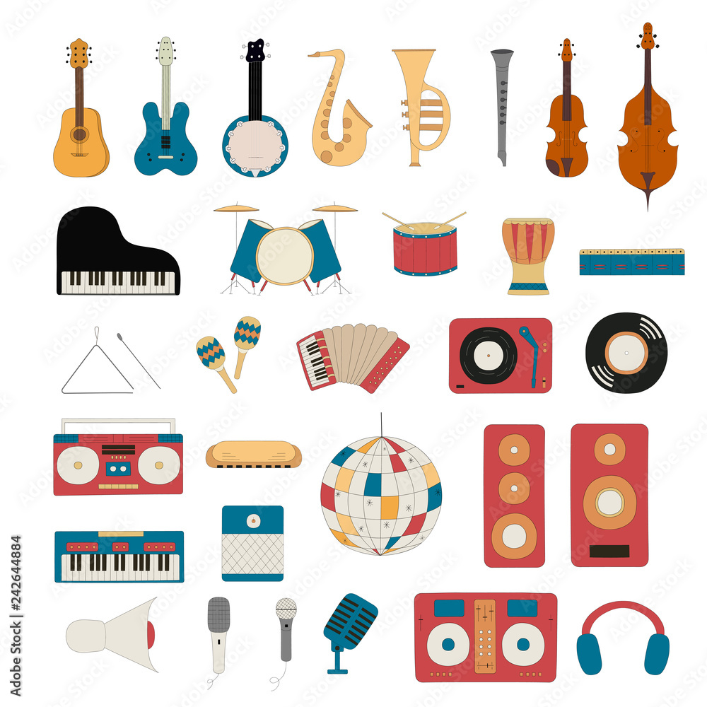 Set of musical instruments. Music shop or school concept. Vector isolated  illustration. Disco ball. Cello, guitar, saxophone and violin for country  festival or jazz fest. Stock Vector | Adobe Stock