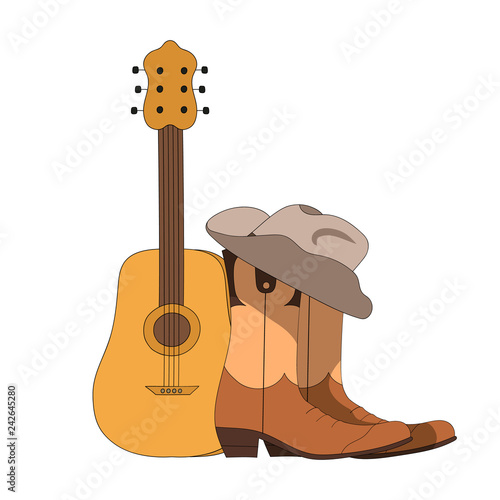 Country music festival concept. Vector isolated elements. Live, jazz concert poster with acoustic guitar, cowboy boots and hat.