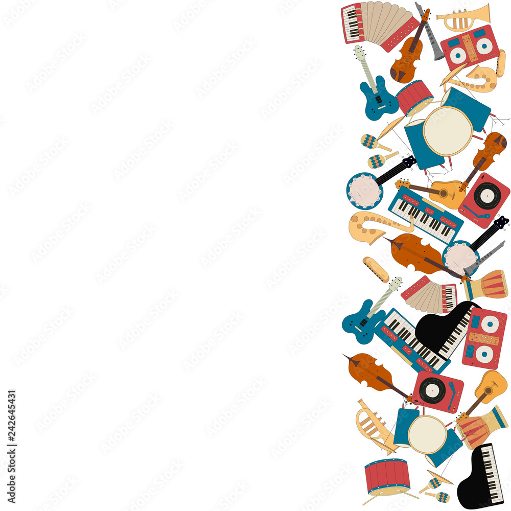 Musical instruments border decoration. Music shop or school concept