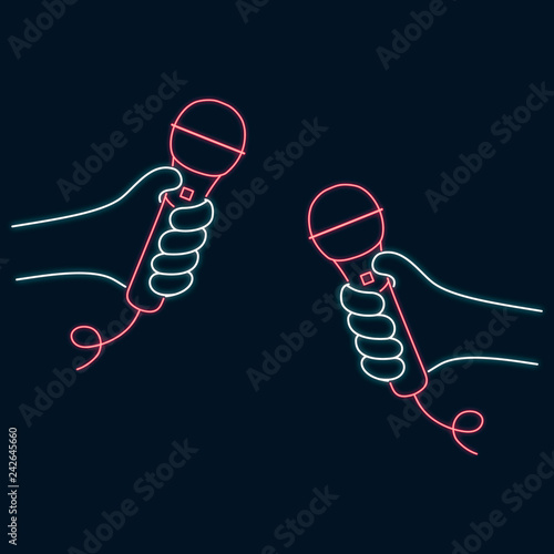 Two hands holding microphone neon sign. Karaoke festival emblem. Music shop luminous bright concept. Vector isolated illustration.