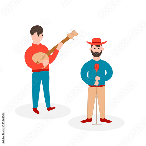 Country music player and singer. Bluegrass musical festival. Vector isolated illustration. Banjo musician. Live solo.