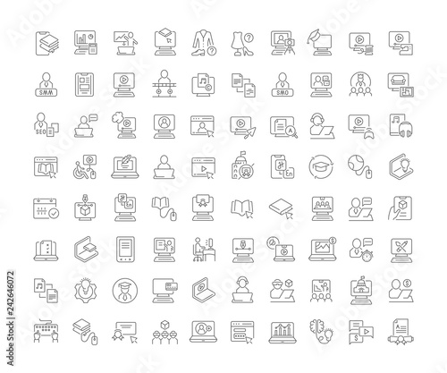 Set Vector Line Icons of Freelancer and Online Education.