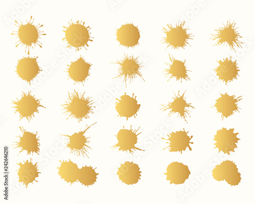 Golden grunge blots. Hand drawn paint splatter.  Gold ink drops. Vector isolated illustration.