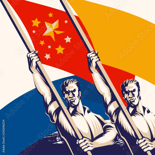 Patriotism men holding blank flag vector illustration. Political protest activism. Revolution raising The Flag.