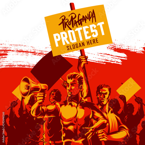 Man holding megaphone and blank placard with large crowd of people with their hands raised in the air vector illustration. Political protest activism patriotism. Revolution raising The Flag.