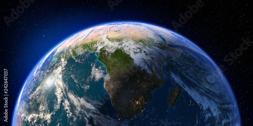 Fototapeta Naklejka Na Ścianę i Meble -  Planet Earth with detailed relief and atmosphere. Day and Night. South Africa and Madagascar. 3D rendering. Elements of this image furnished by NASA