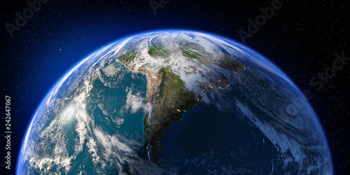 Fototapeta Naklejka Na Ścianę i Meble -  Planet Earth with detailed relief and atmosphere. Day and Night. South America. 3D rendering. Elements of this image furnished by NASA