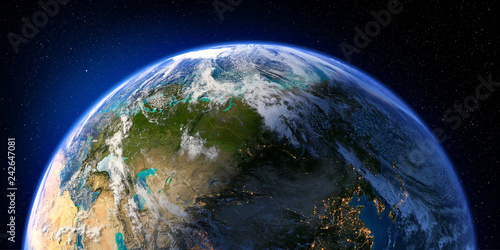 Fototapeta Naklejka Na Ścianę i Meble -  Planet Earth with detailed relief and atmosphere. Day and Night. Eurasia. 3D rendering. Elements of this image furnished by NASA
