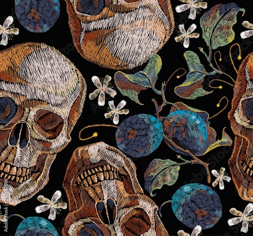 Embroidery skulls and grapes. Dia de muertos art, day of the dead seamless pattern. Gothic art embroidery clothes template and t-shirt design