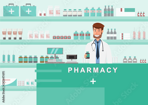 pharmacy with doctor in counter. drugstore cartoon character design