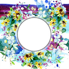 Bouquet flower watercolor background illustration set. Watercolour drawing aquarelle. Frame border ornament square.