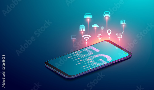 5G network wireless systems, smart city and internet of things concept with  icons on smartphone'screen. vector illustration.