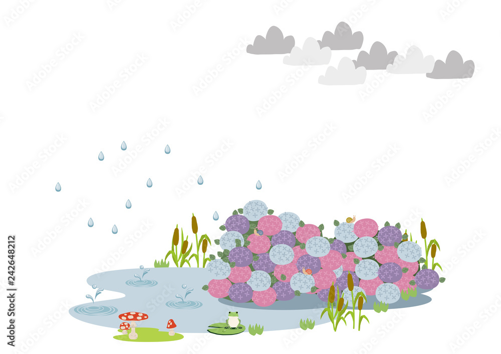 池に降る雨 梅雨のイラスト 水際の生物 雨が降っている風景 自然の景観 梅雨の風景のイメージ Stock Vektorgrafik Adobe Stock