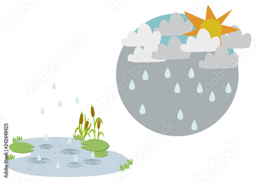  池に降る雨。 梅雨のイラスト。 水際の生物。 雨が降っている風景。 自然の景観。 梅雨の風景のイメージ。