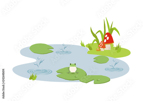  池に降る雨。 梅雨のイラスト。 水際の生物。 雨が降っている風景。 自然の景観。 梅雨の風景のイメージ。