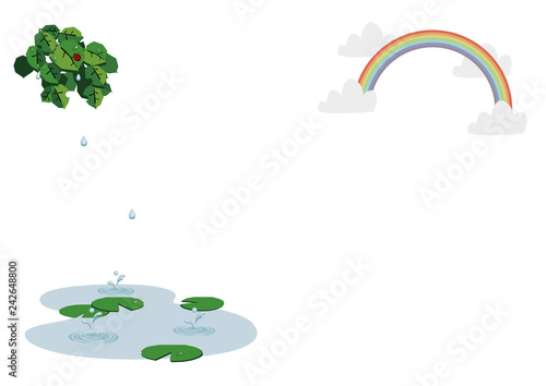  池に降る雨。 梅雨のイラスト。 水際の生物。 雨が降っている風景。 自然の景観。 梅雨の風景のイメージ。