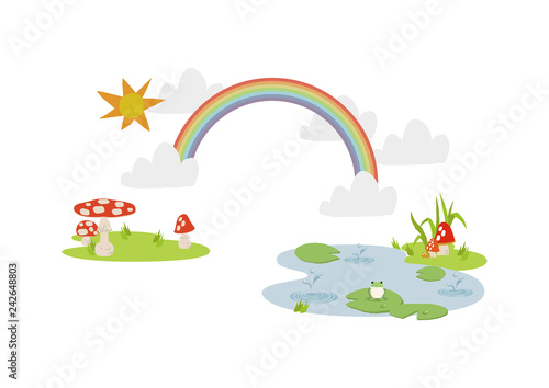  池に降る雨。 梅雨のイラスト。 水際の生物。 雨が降っている風景。 自然の景観。 梅雨の風景のイメージ。