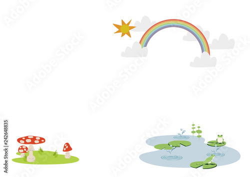  池に降る雨。 梅雨のイラスト。 水際の生物。 雨が降っている風景。 自然の景観。 梅雨の風景のイメージ。