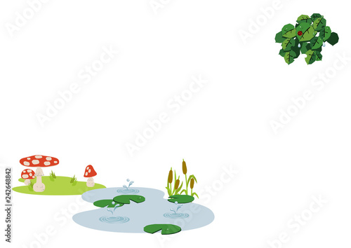  池に降る雨。 梅雨のイラスト。 水際の生物。 雨が降っている風景。 自然の景観。 梅雨の風景のイメージ。