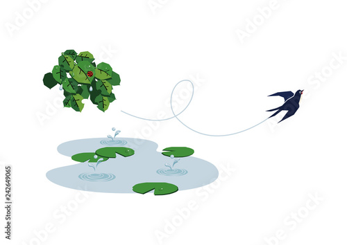  池に降る雨。 梅雨のイラスト。 水際の生物。 雨が降っている風景。 自然の景観。 梅雨の風景のイメージ。