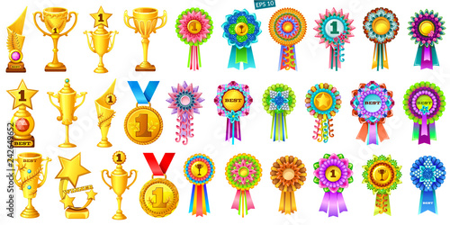 Set of golden cups, medals and colorful rosettes on white background. Cartoon rewards for computer games. Isolated vector illustration.