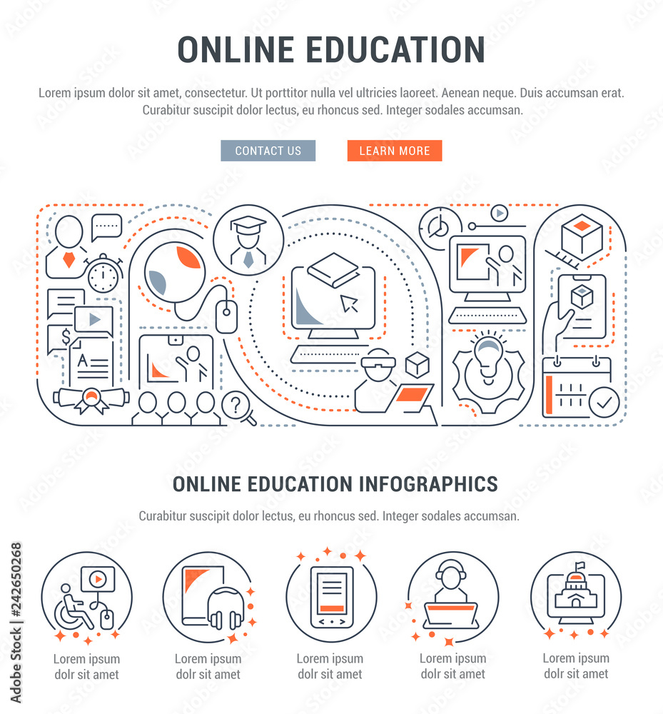 Vector Illustration with Linear Icons of Online Education. Stock Vector ...