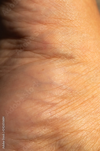 Senior woman's wrinkled wrist of the arm, Close up & Macro shot, Selective focus, Asian Body skin part, Healthcare concept, Abstract background