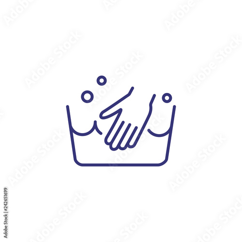 Hand wash line icon. Water, bubble, hand, basin. Laundry concept. Can be used for topics like garment care, warning, laundering, housework
