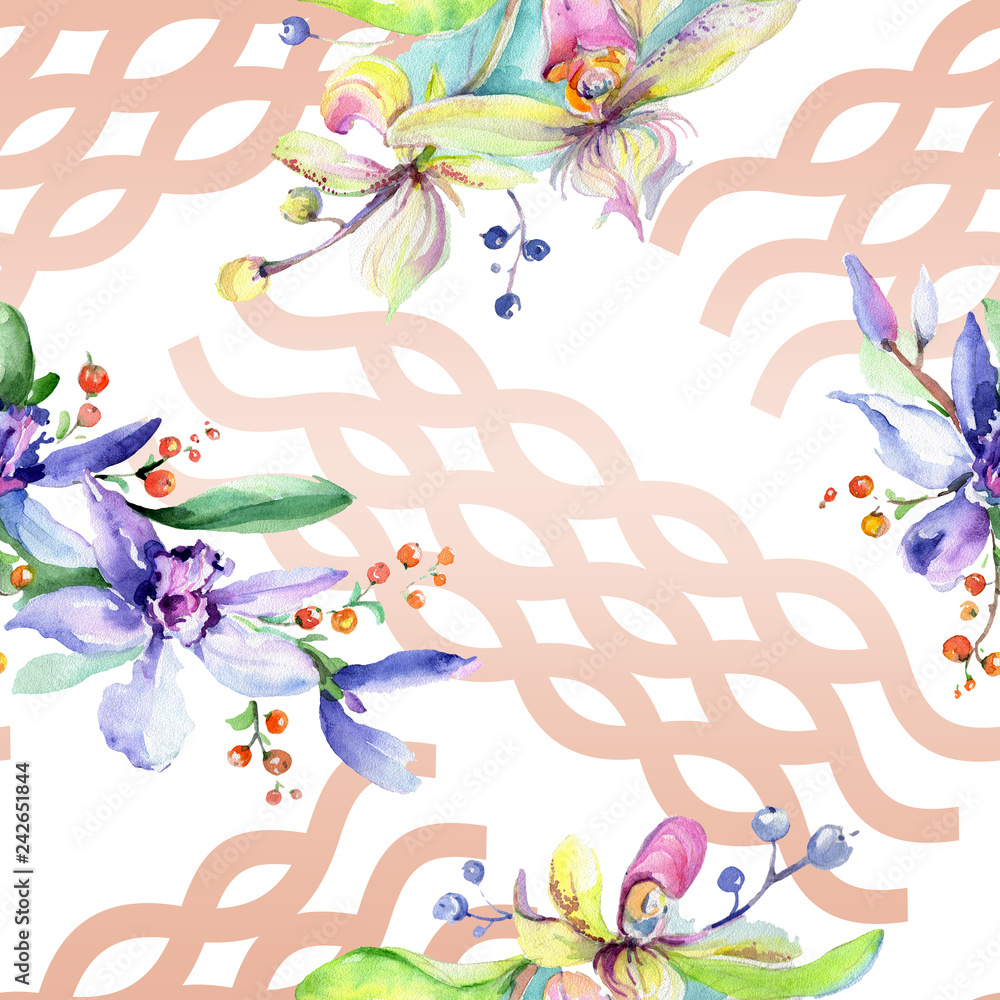 Pink and purple orchid flower. Watercolour drawing fashion aquarelle isolated. Seamless background pattern.