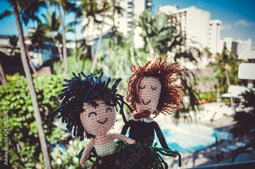 Two wool puppets in front of a typical resort vew in Honolulu, Hawaii © mikelju