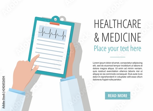 Doctor's hands with a plane-table isolated on white.  web banner