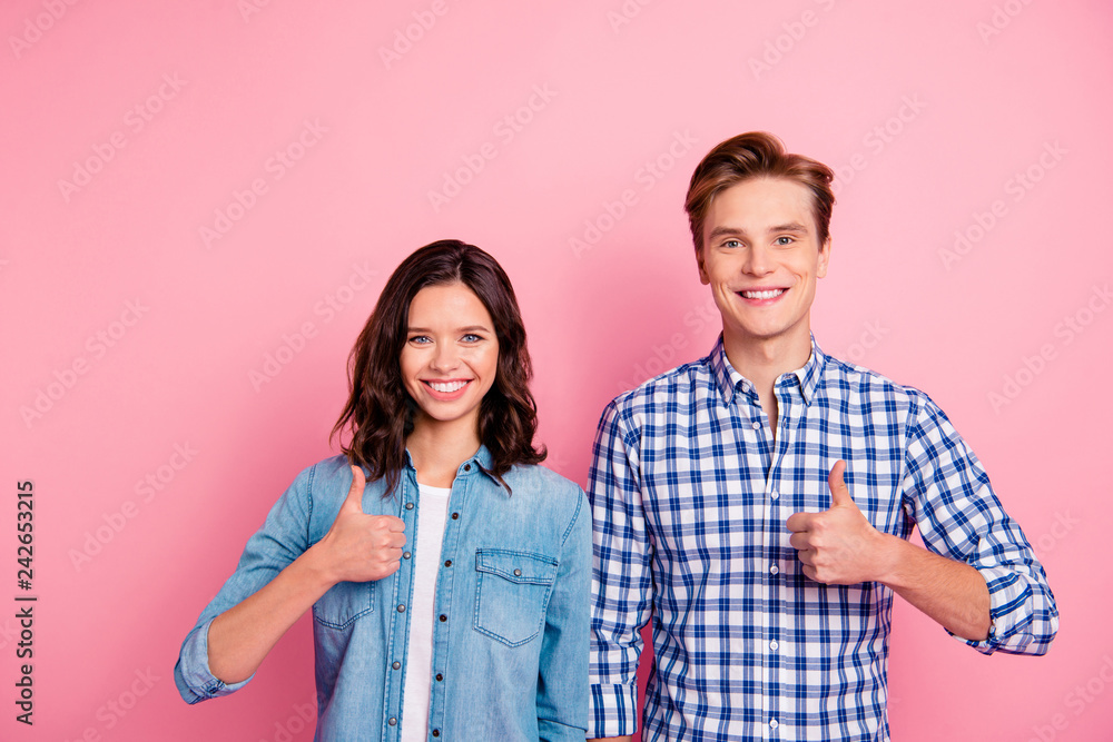 Close up portrait of two great young she her he him his couple s Close up portrait of two great young she her he him his couple s
