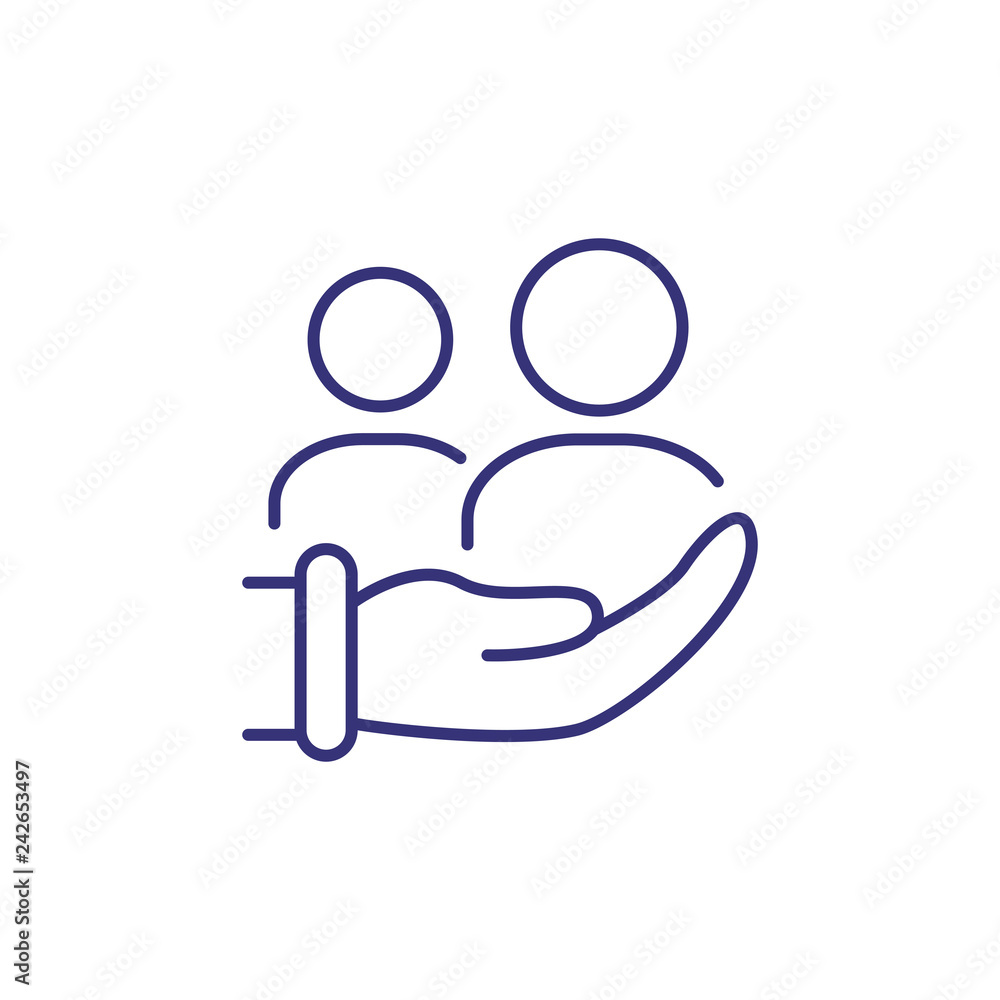 Care of employees line icon. Workers, hand, holding. Career concept. Vector illustration can be used for topics like working, business, office job Care of employees line icon. Workers, hand, holding. Career concept. Vector illustration can be used for topics like working, business, office job