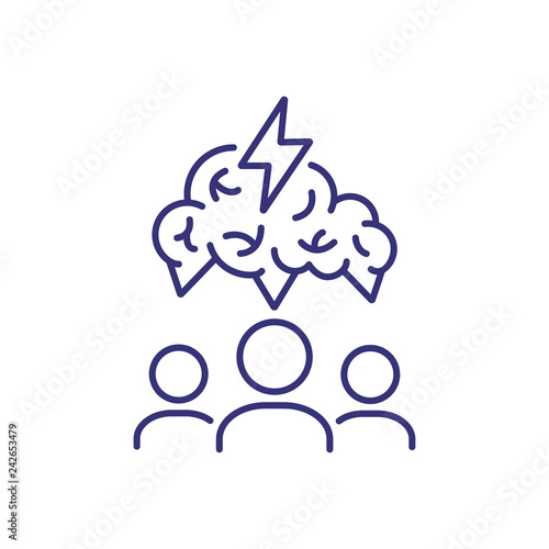 Brainstorm line icon. Workers, brain, lightning, idea. Career concept. Vector illustration can be used for topics like working, business, office job