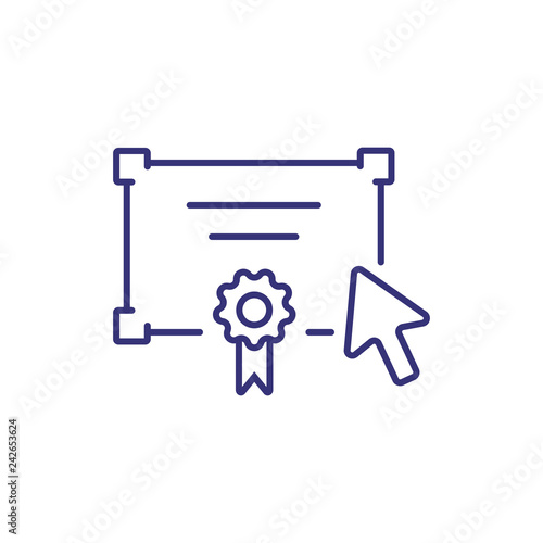 Diploma line icon. Degree, document, cursor. Online education concept. Vector illustration can be used for topics like university, college, modern education
