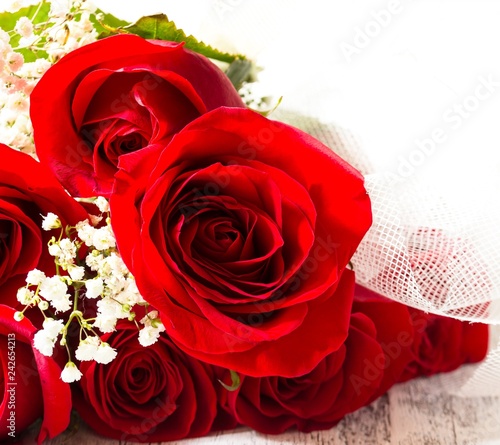 Fresh Red Roses Valentines day background  selective focus