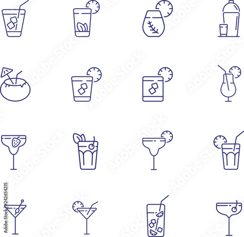 Cold beverages line icon set. Cuba Libre, lemonade, ice tea. Drink concept. Can be used for topics like bar, cocktail menu, party