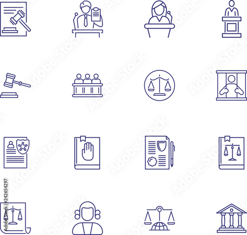 Court line icon set. Witness, jail, constitution. Justice concept. Can be used for topics like crime, law, legal procedure