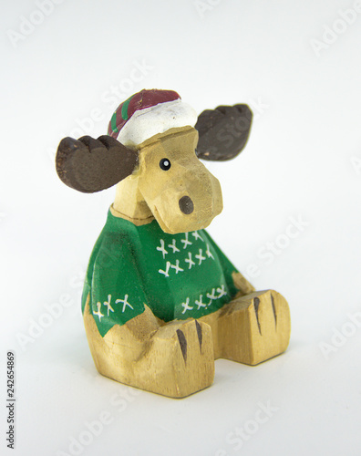 Beautiful Christmas Fir Tree Toy in Shape Funy Wooden Deer With White Isolated Background. Christmas Decor.