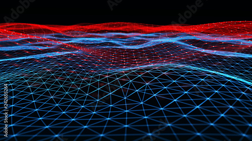 Abstract digital background with cybernetic particles. Plexus geometric effect Big data with compounds. Musical wave of particles. Low poly mesh. Flow. Wave. 3D rendering.