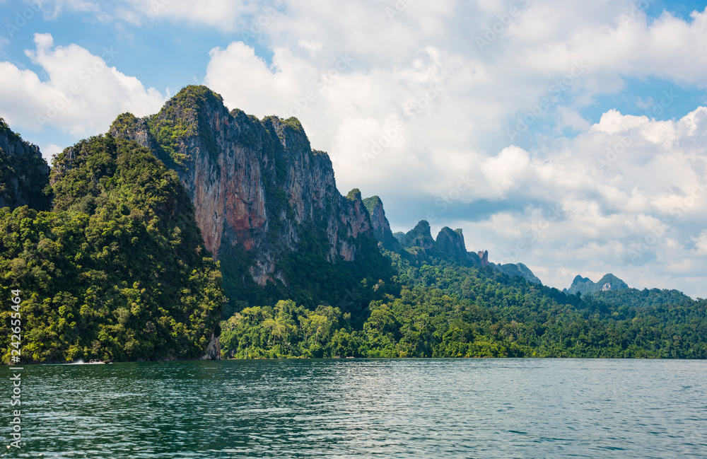 Landscape in Khao SOK national Park. Mountains and lake on a Sunny day