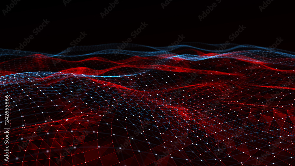 Abstract digital background with cybernetic particles. Plexus geometric effect Big data with compounds. Musical wave of particles. Low poly mesh. Flow. Wave. 3D rendering.